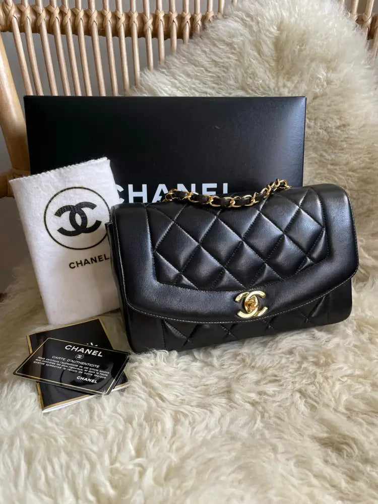 Black Interior! Chanel Black Diana Quilted Lambskin Small with 24k-pla –  como-vintage