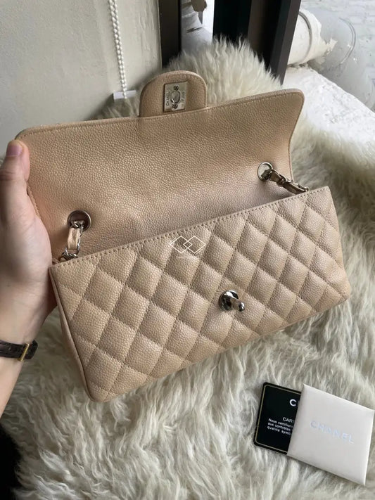 Chanel Beige Caviar East West Flap Silver Hardware - Full Set