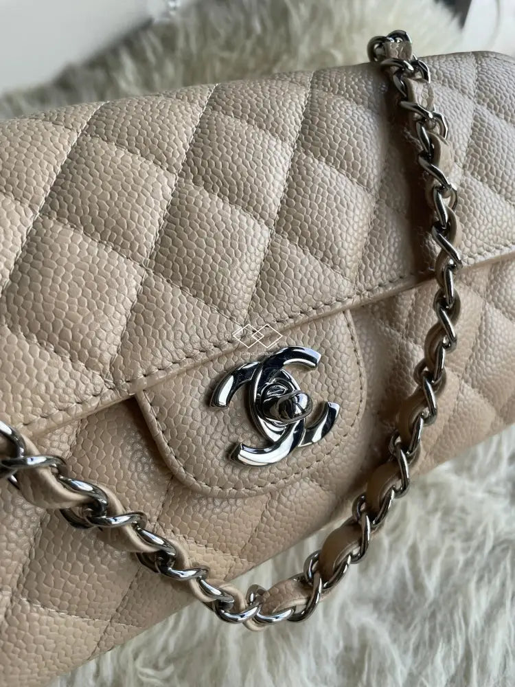 Chanel Beige Caviar East West Flap Silver Hardware - Full Set