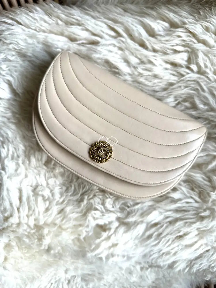 Chanel Beige Half Moon Lambskin Crossbody Clutch