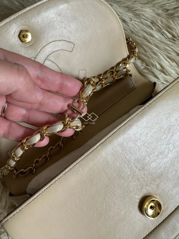 Chanel Beige Half Moon Lambskin Crossbody Clutch