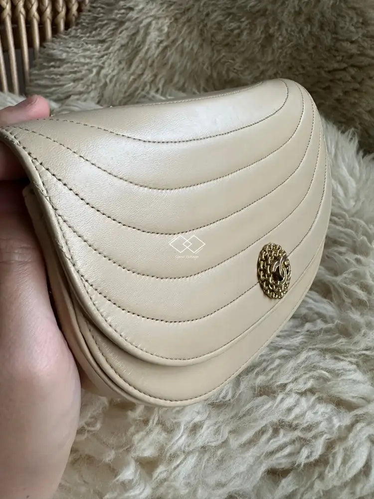 Chanel Beige Half Moon Lambskin Crossbody Clutch