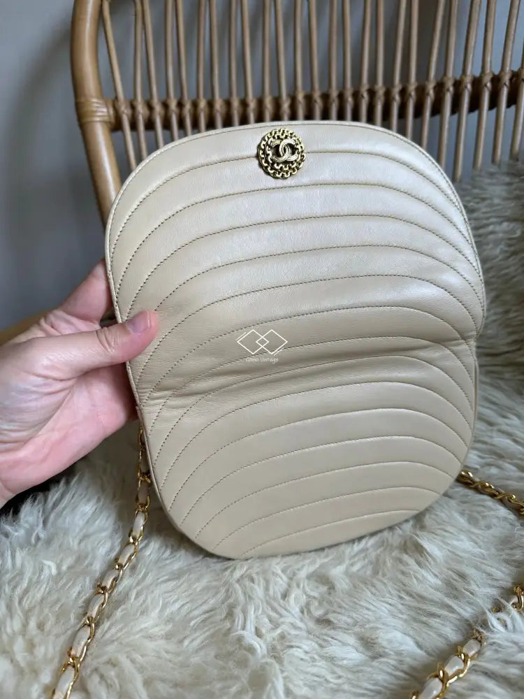 Chanel Beige Half Moon Lambskin Crossbody Clutch