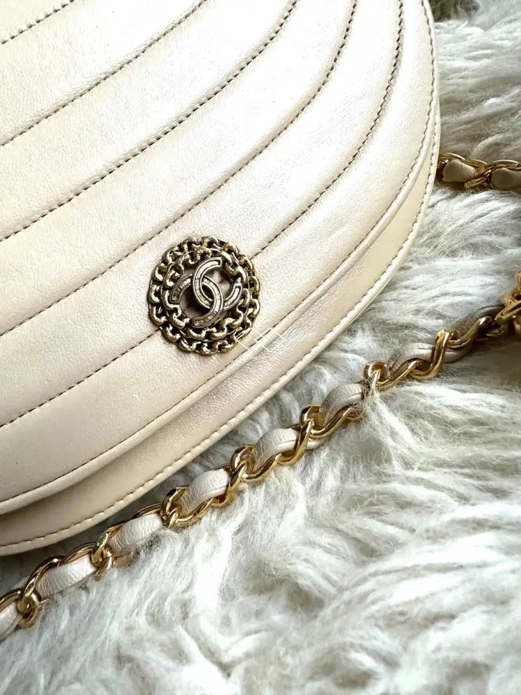 Chanel Beige Half Moon Lambskin Crossbody Clutch