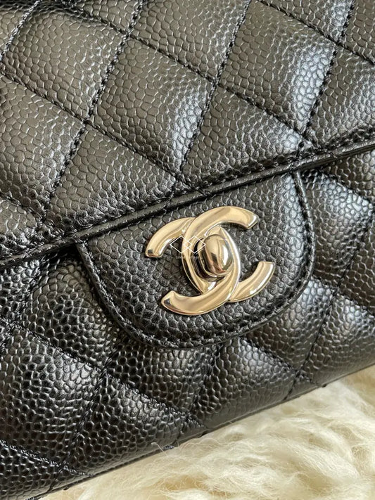 Chanel Black Caviar East West Flap Silver Hardware Full Set