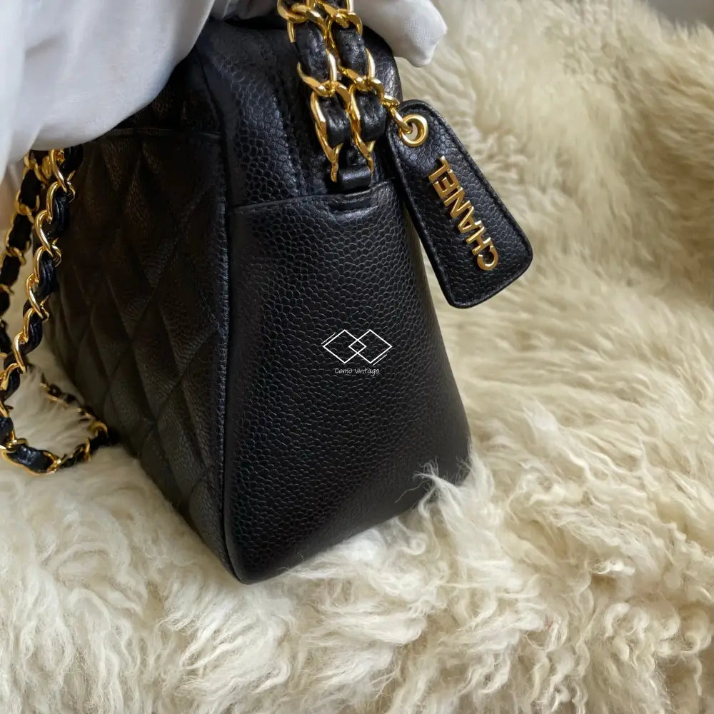 Chanel Black Caviar Knotted Double Chain Cross Body Camera Bag 24K Gold Hardware
