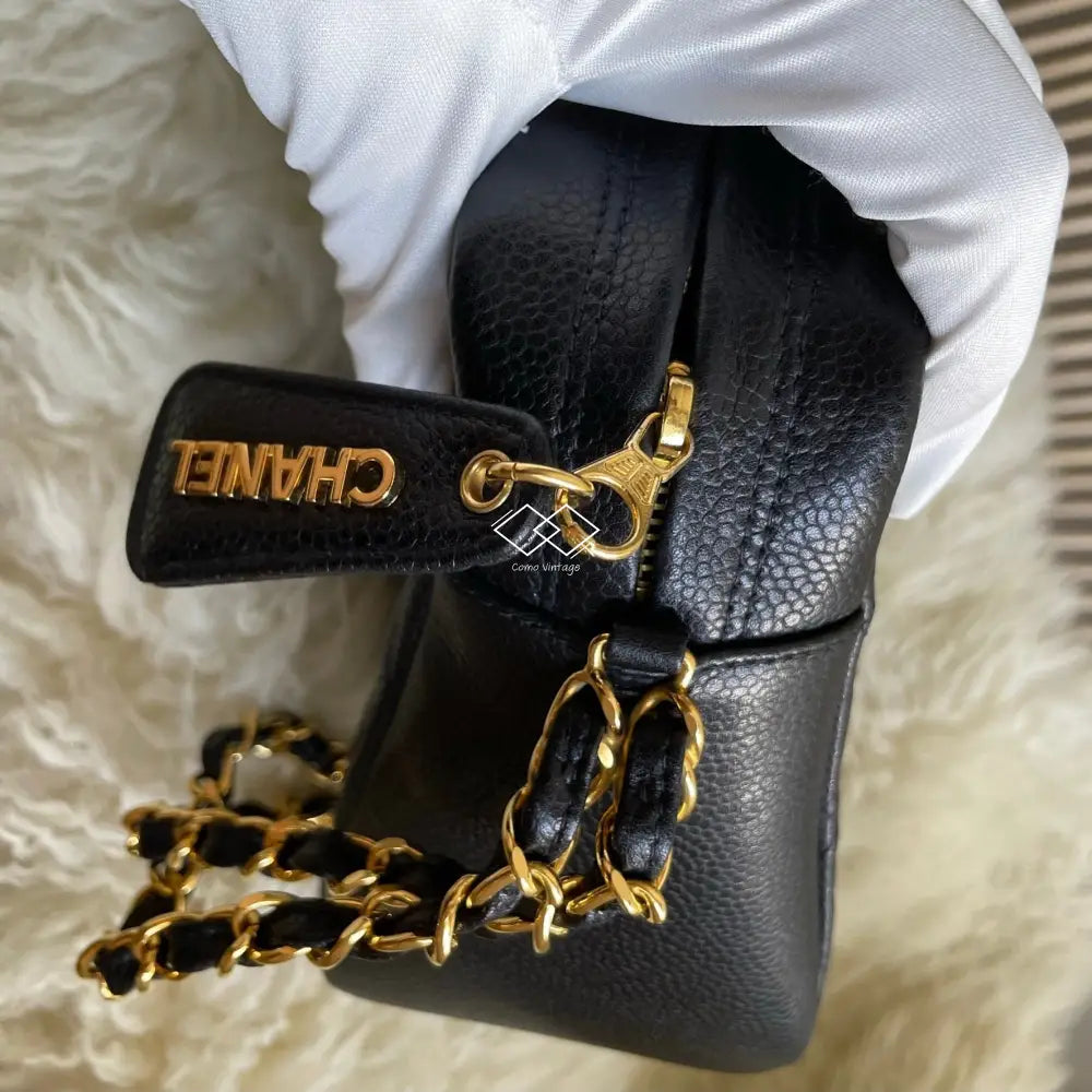 Chanel Black Caviar Knotted Double Chain Cross Body Camera Bag 24K Gold Hardware