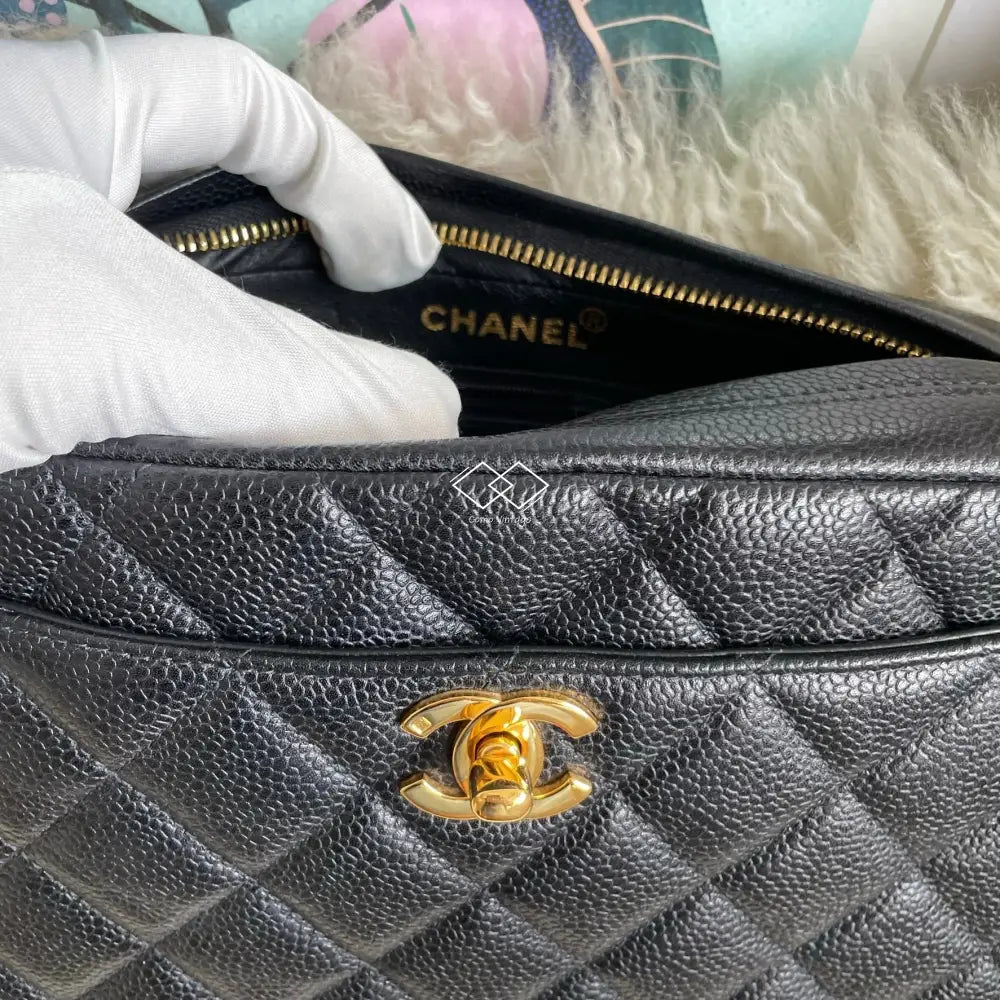 Chanel Black Caviar Knotted Double Chain Cross Body Camera Bag 24K Gold Hardware