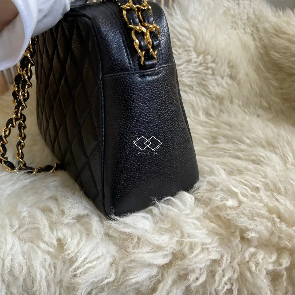 Chanel Black Caviar Knotted Double Chain Cross Body Camera Bag 24K Gold Hardware