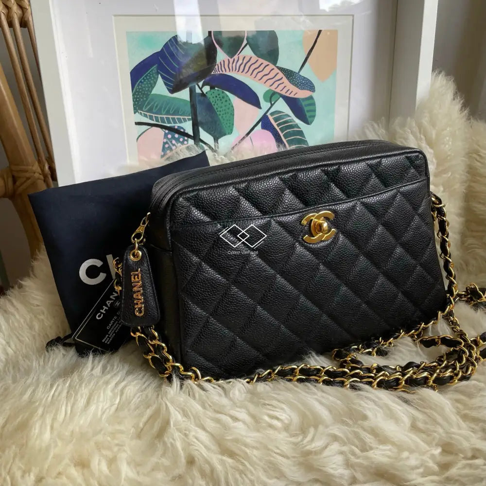 Chanel Black Caviar Knotted Double Chain Cross Body Camera Bag 24K Gold Hardware
