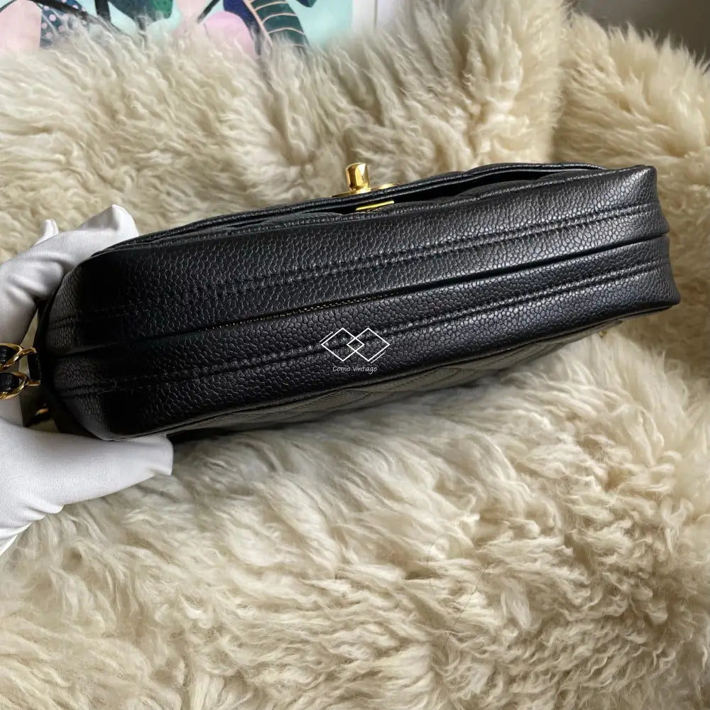 Chanel Black Caviar Knotted Double Chain Cross Body Camera Bag 24K Gold Hardware