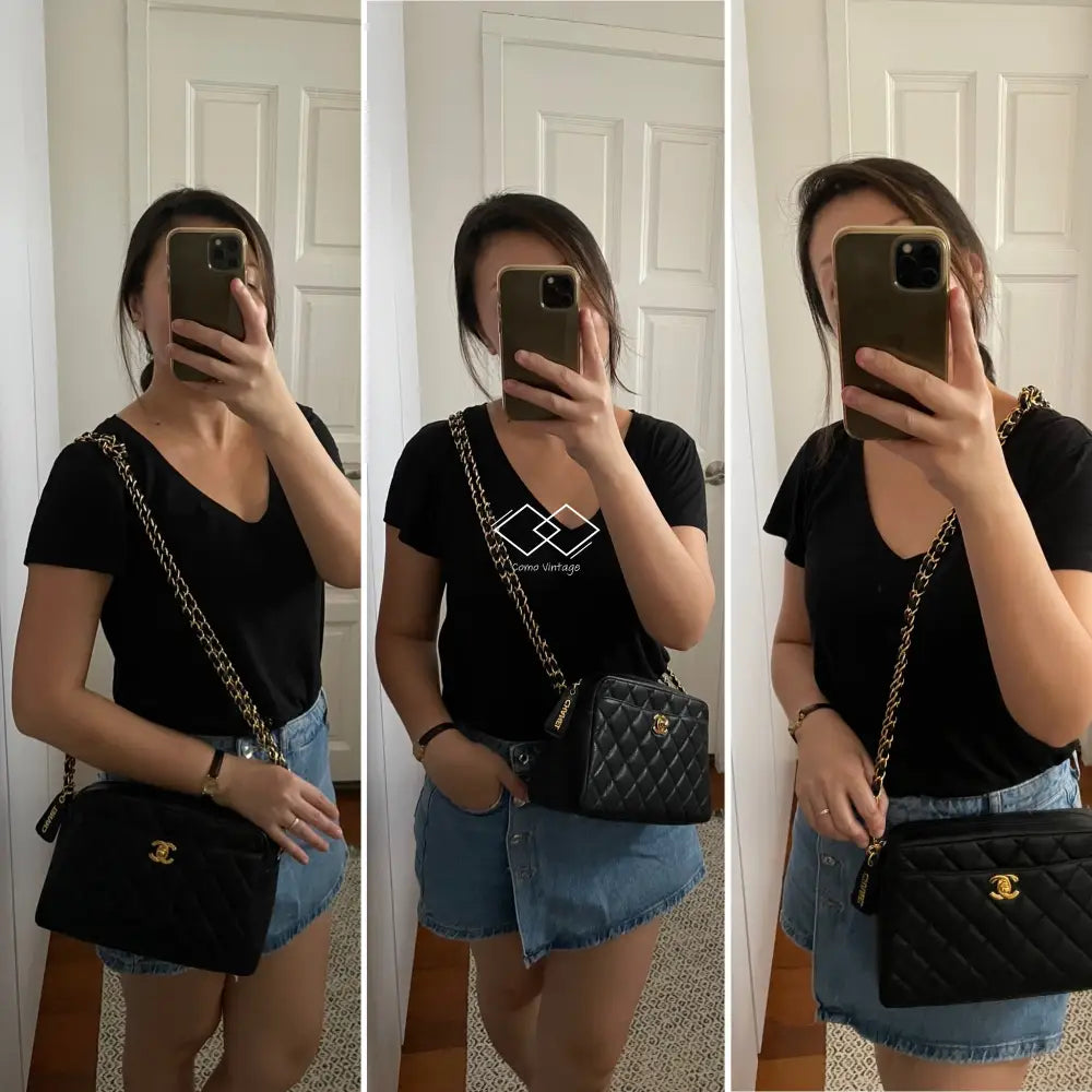 Chanel Black Caviar Knotted Double Chain Cross Body Camera Bag 24K Gold Hardware