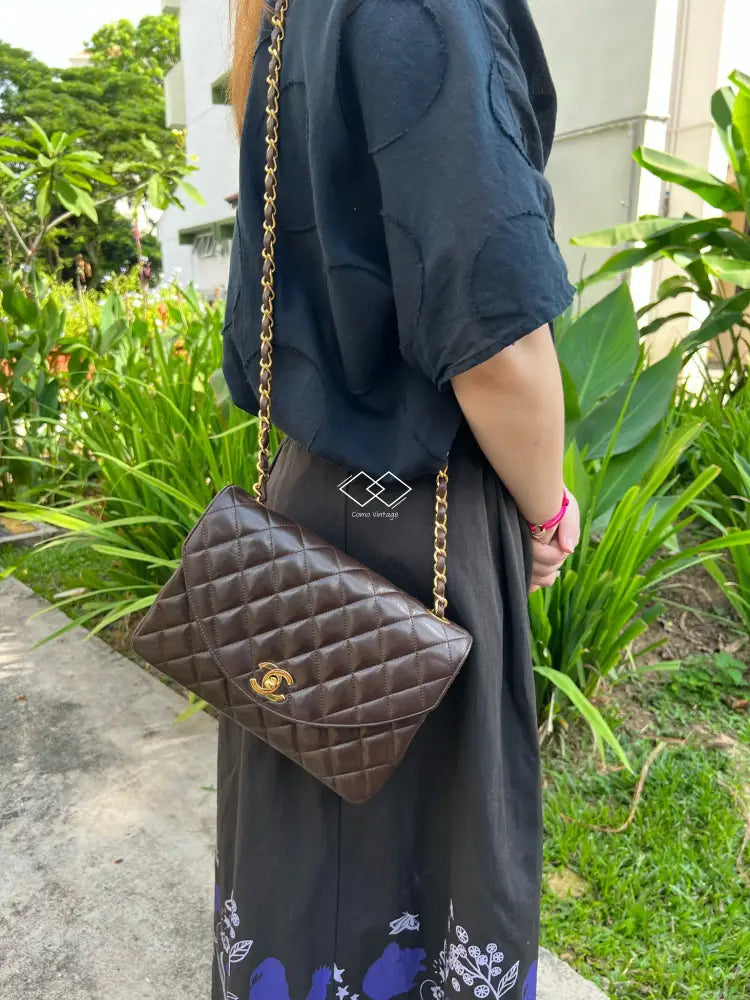 Chanel Brown Quilted Lambskin Half Moon Flap Gold Hardware