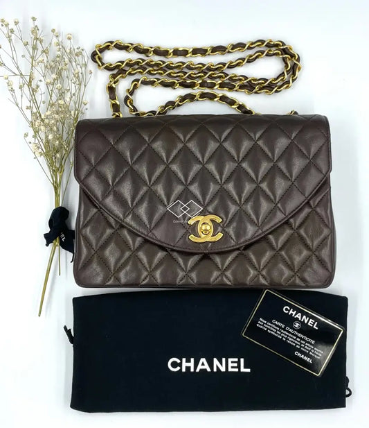 Chanel Brown Quilted Lambskin Half Moon Flap Gold Hardware