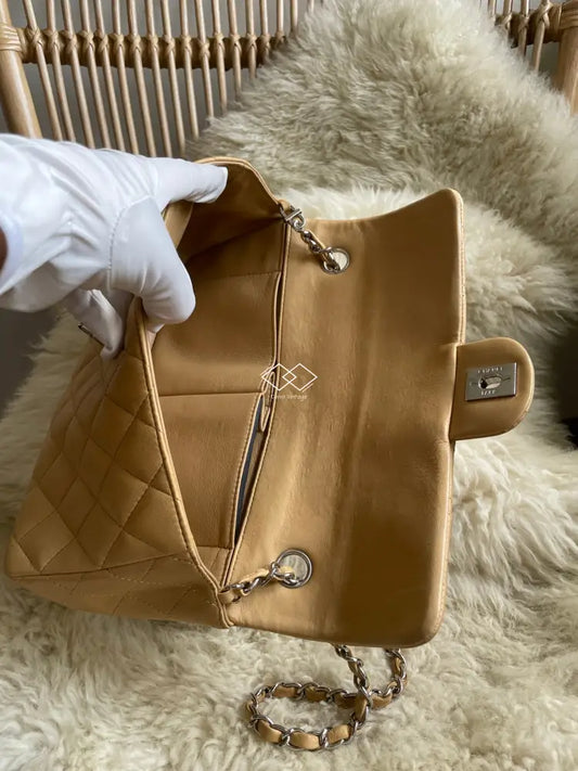 Chanel Dark Beige Lambskin East West Flap Silver Hardware