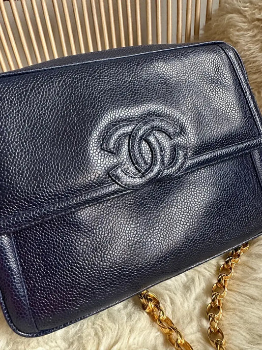 Chanel Deep Blue Caviar Camera Bag With 24K Bijoux Gold Hardware