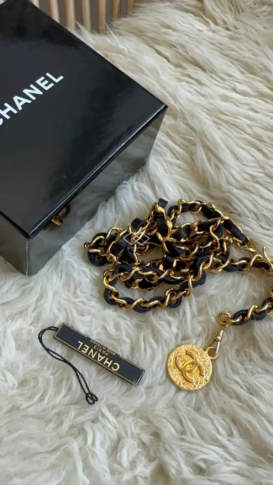 Chanel Gold Chain Black Leather Belt