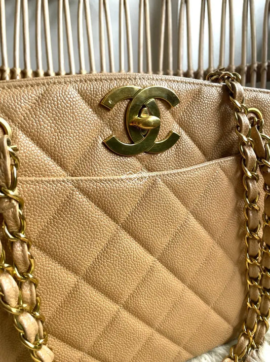 Chanel Milk Tea Big Cc Turnlock Caviar Tote 24K Gold Hardware