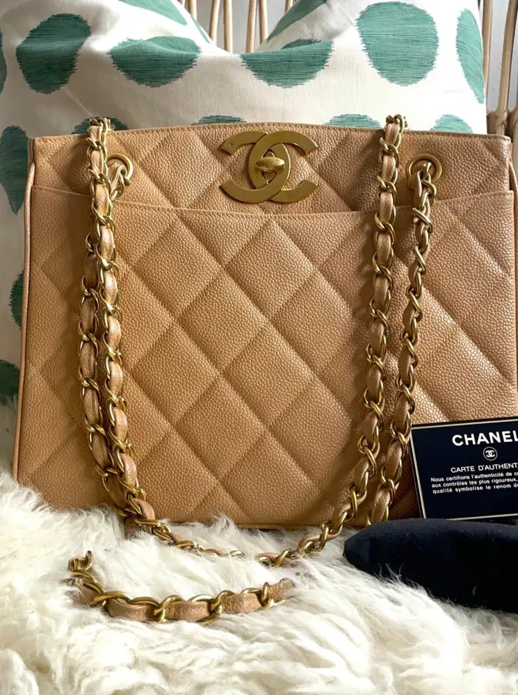 Chanel Milk Tea Big Cc Turnlock Caviar Tote 24K Gold Hardware