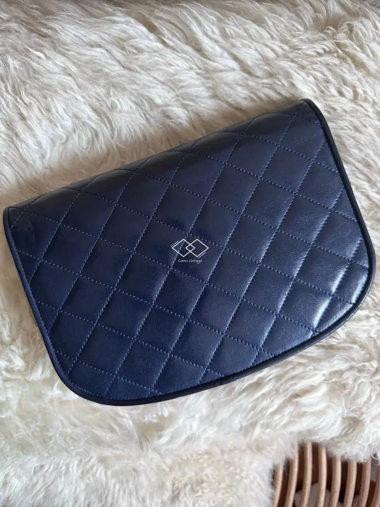 Chanel Navy Blue Quilted Lambskin Crossbody / Clutch Paris Limited Lock Design