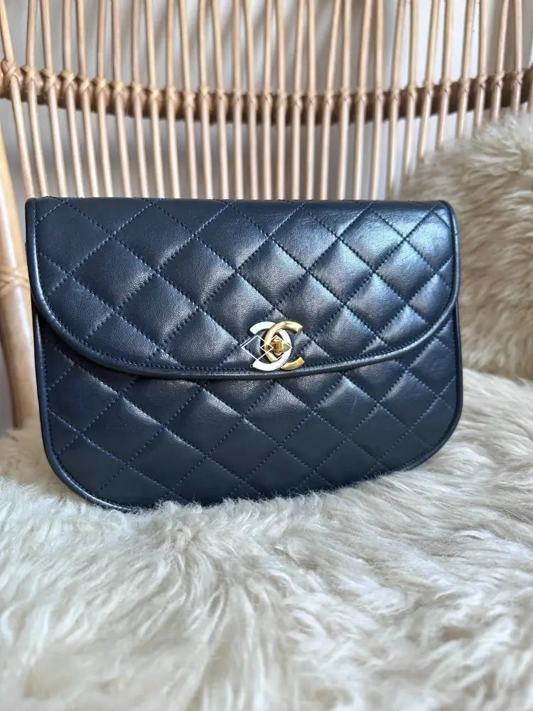 Chanel Navy Blue Quilted Lambskin Crossbody / Clutch Paris Limited Lock Design