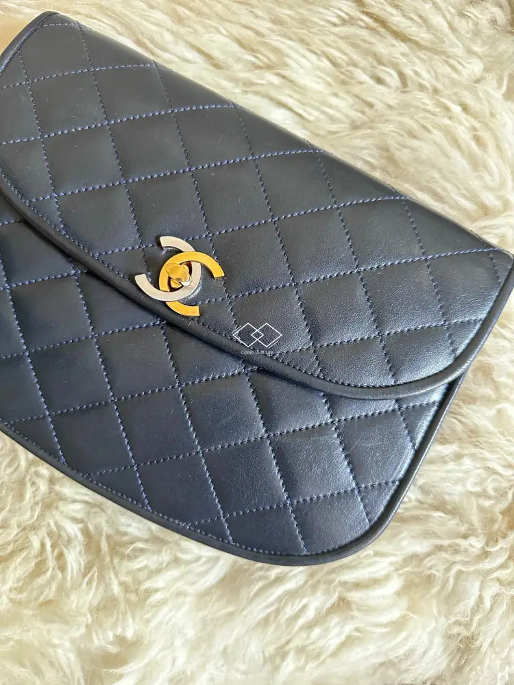 Chanel Navy Blue Quilted Lambskin Crossbody / Clutch Paris Limited Lock Design