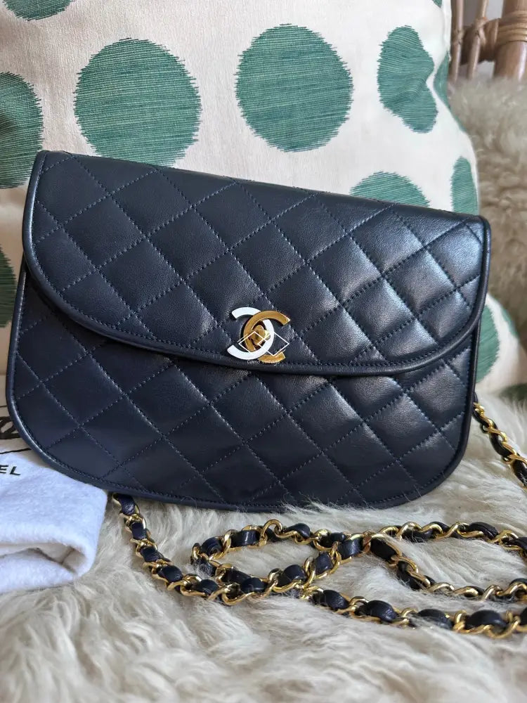 Chanel Navy Blue Quilted Lambskin Crossbody / Clutch Paris Limited Lock Design