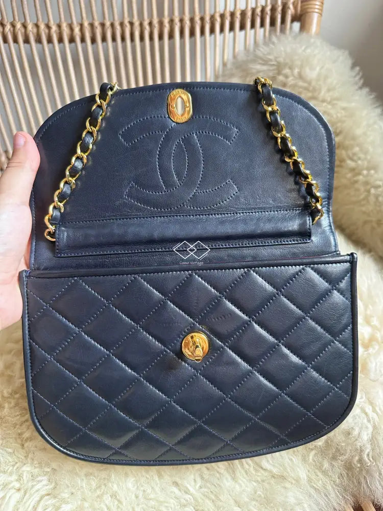 Chanel Navy Blue Quilted Lambskin Crossbody / Clutch Paris Limited Lock Design