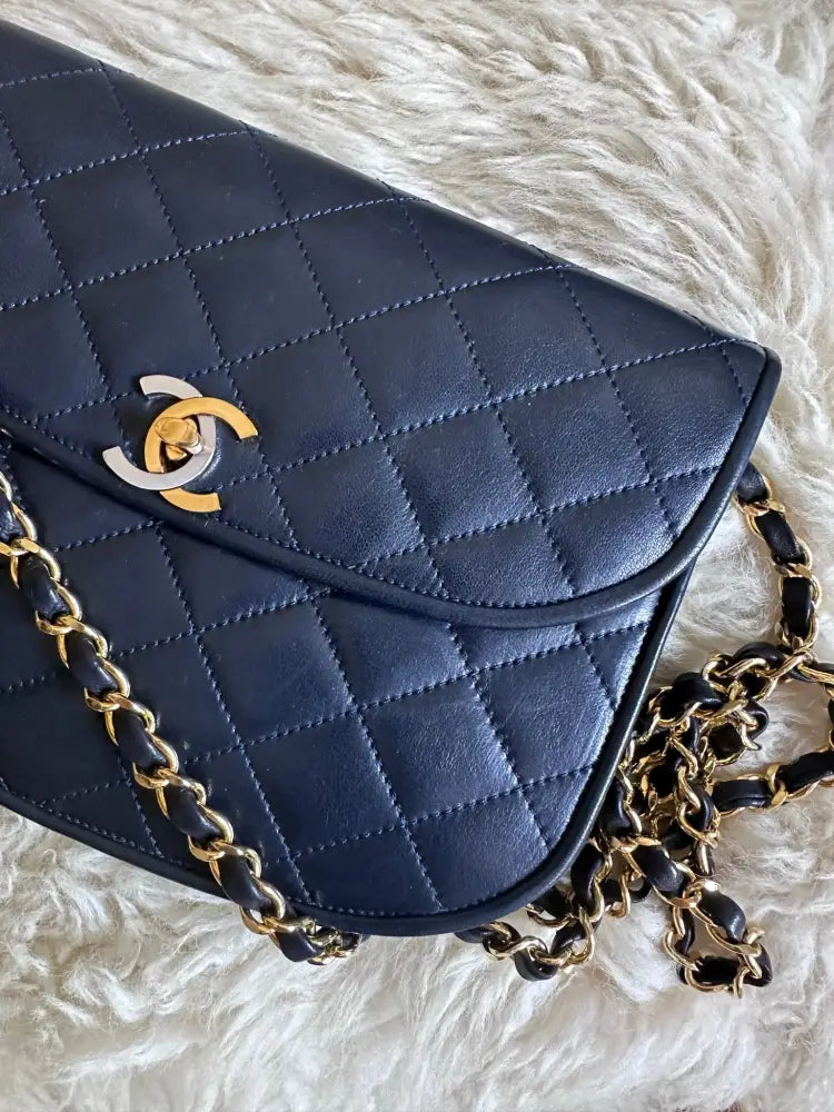 Chanel Navy Blue Quilted Lambskin Crossbody / Clutch Paris Limited Lock Design