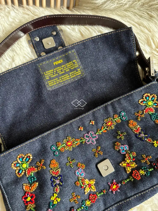 Fendi Baguette With Beaded Embroidery Details In Denim Shw