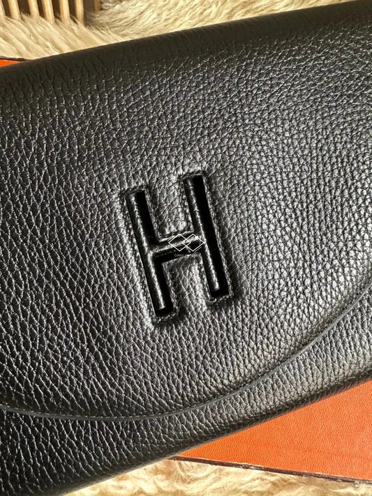 Hermes Noir Vintage H Gaine Grained Leather Clutch