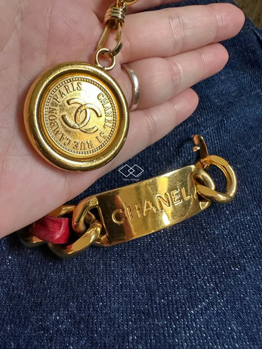 Rare! Chanel Gold Chain Red Leather Belt With Medallion