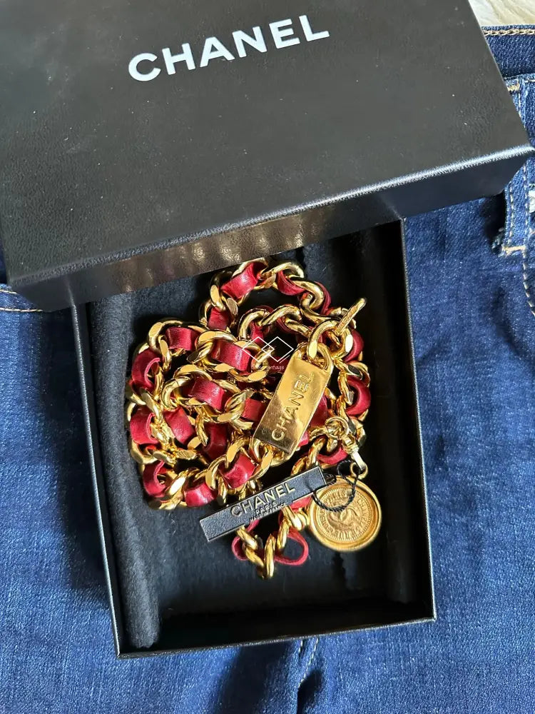 Rare! Chanel Gold Chain Red Leather Belt With Medallion