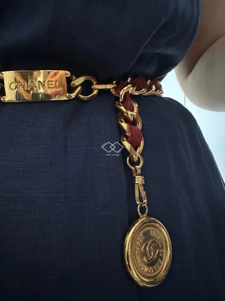 Rare! Chanel Gold Chain Red Leather Belt With Medallion
