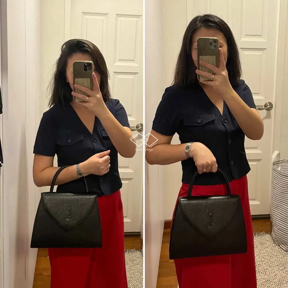 Ysl Black Grained Shiny Leather Top Handle