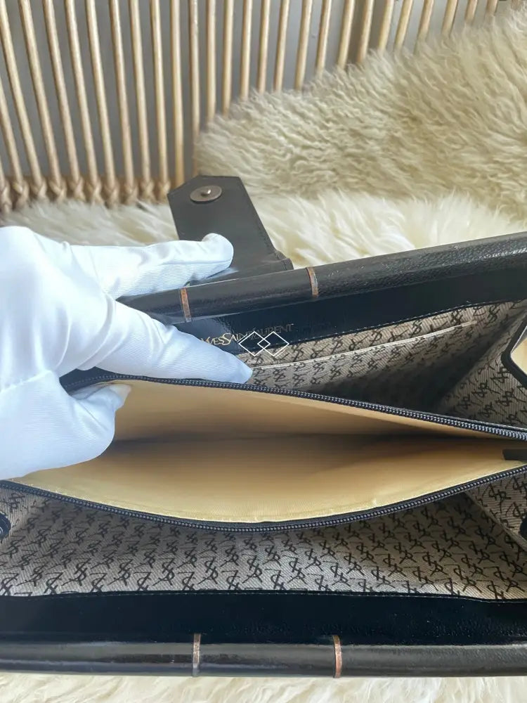 Ysl Black Weaved Shiny Leather Envelope Clutch