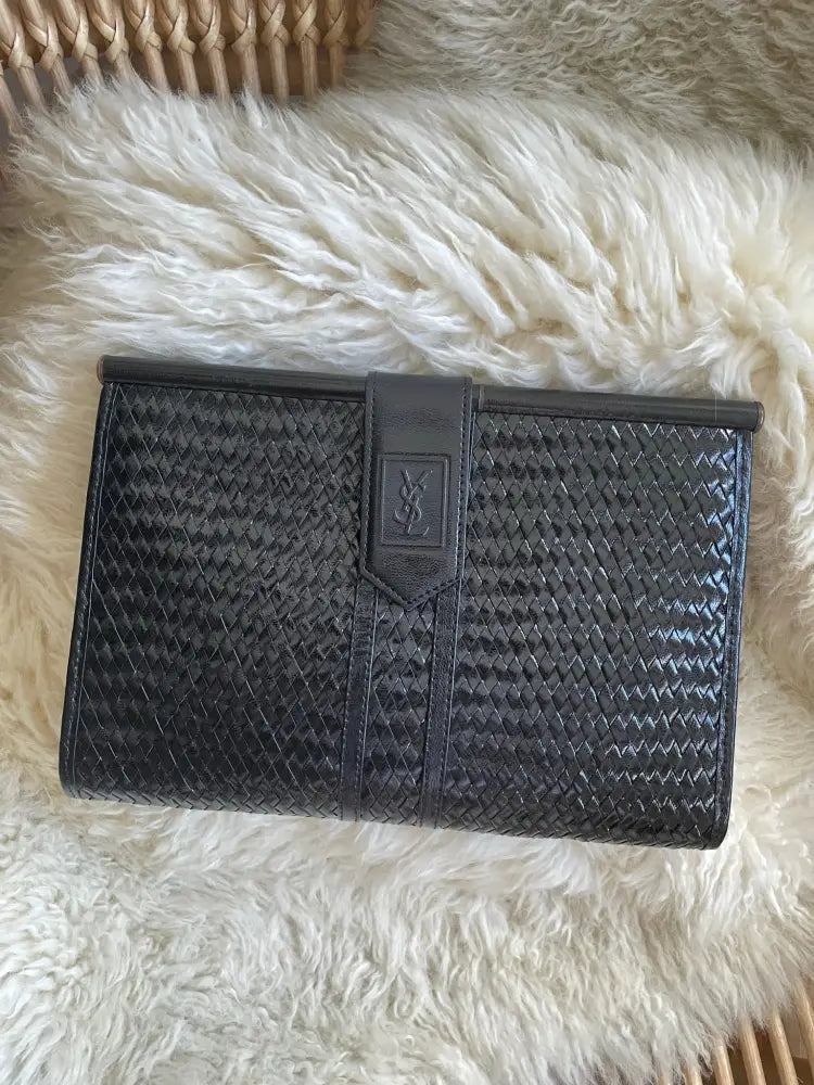 Ysl Black Weaved Shiny Leather Envelope Clutch