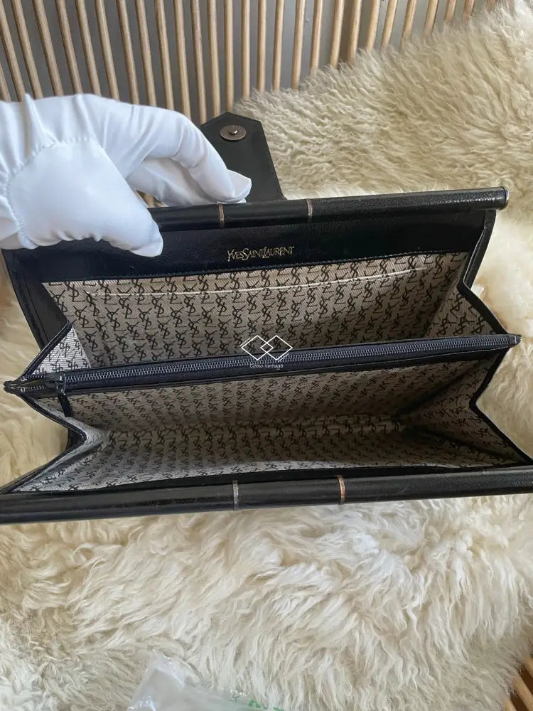 Ysl Black Weaved Shiny Leather Envelope Clutch