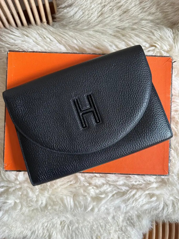 Hermes Noir Vintage H Gaine Grained Leather Clutch