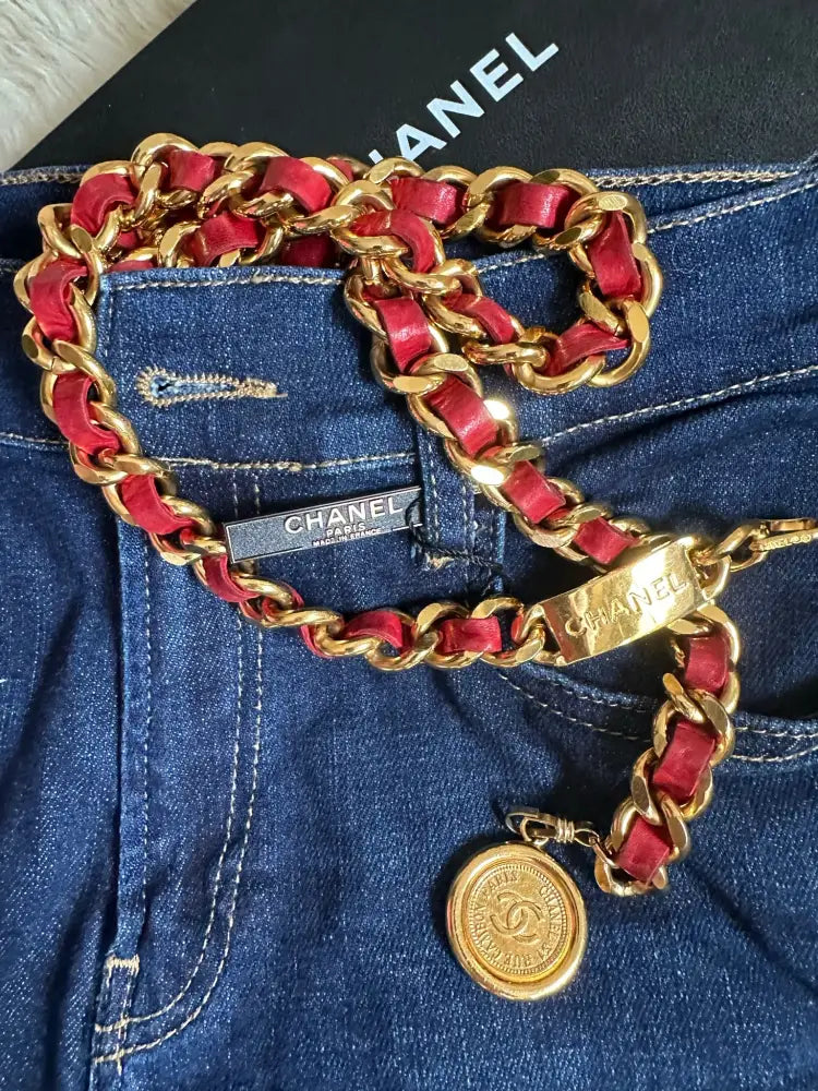 Rare! Chanel Gold Chain Red Leather Belt With Medallion