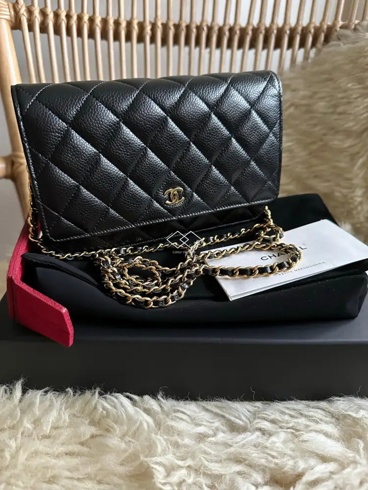 Genuine CHANEL Black Quilted Patent Leather Golden Class WOC