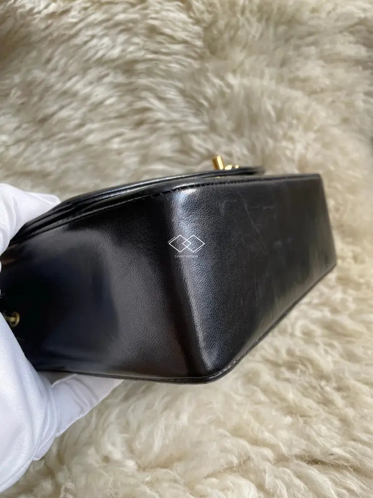 Chanel Vintage Quilted Black Lizard Skin Leather Shoulder Bag