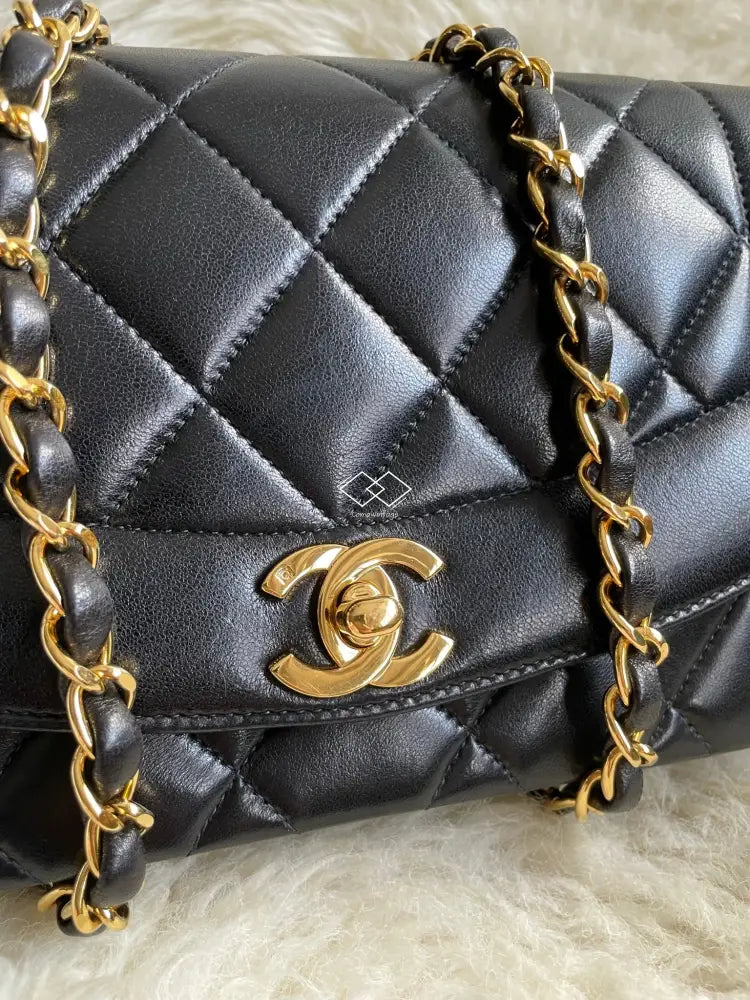 Black Interior! Chanel Black Diana Quilted Lambskin Small with 24k