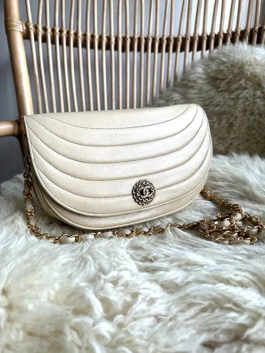 Chanel Beige Half Moon Lambskin Crossbody Clutch