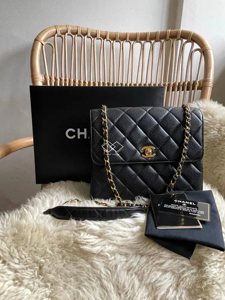 Chanel Black Caviar 23cm Square 24k Gold Hardware - Full Set