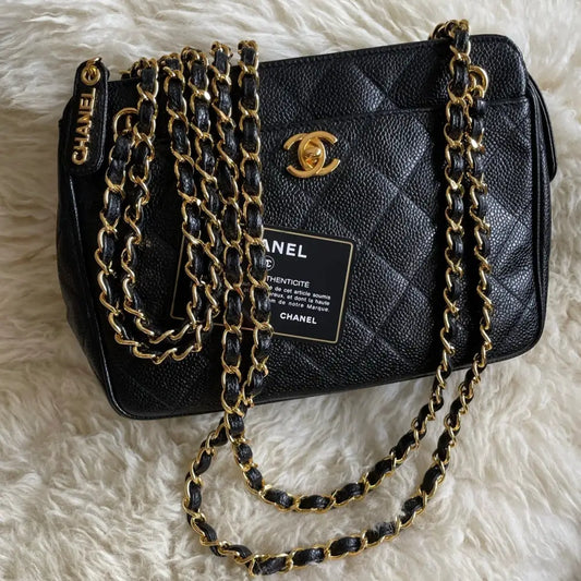 Chanel vintage Caviar Bag Top Handle Mademoiselle With 24K GHW Gold Big CC