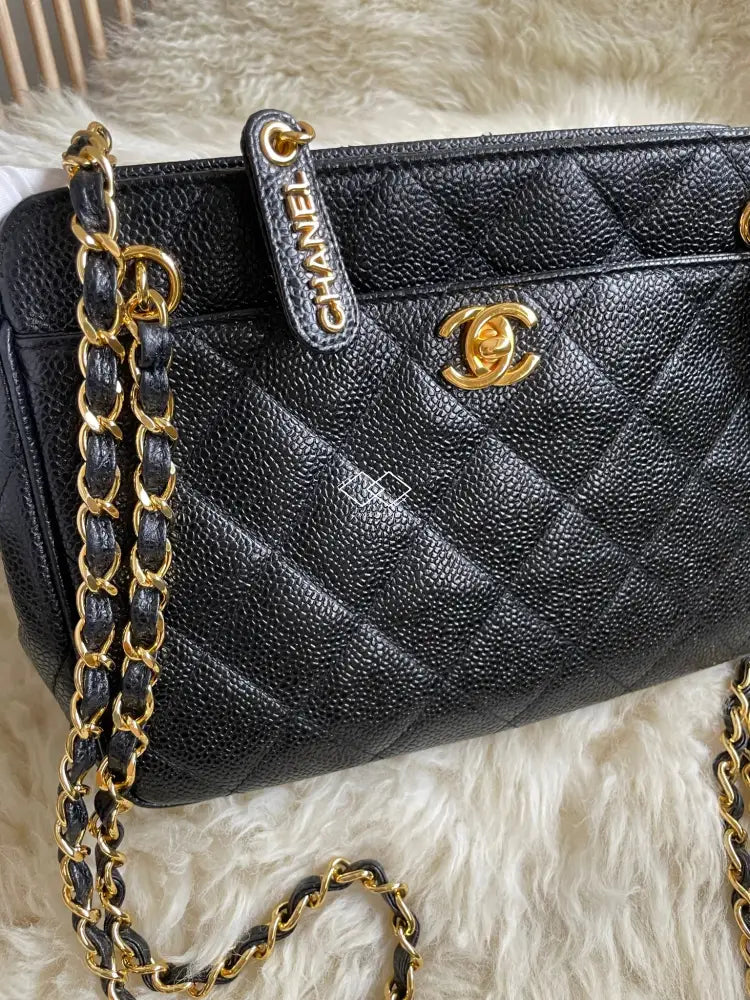 Chanel Gold Metal, Black Tweed Evening Bag, Size XS 2022