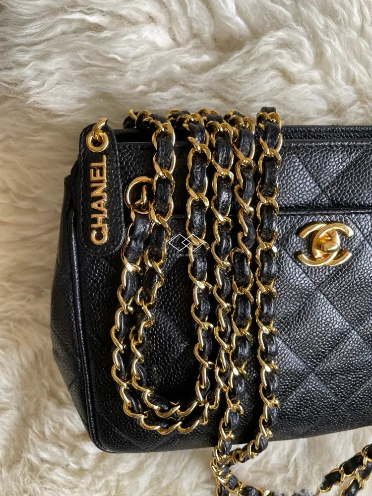 Chanel Coco Turn Lock Handbag Tote Bag Black Caviar Leather