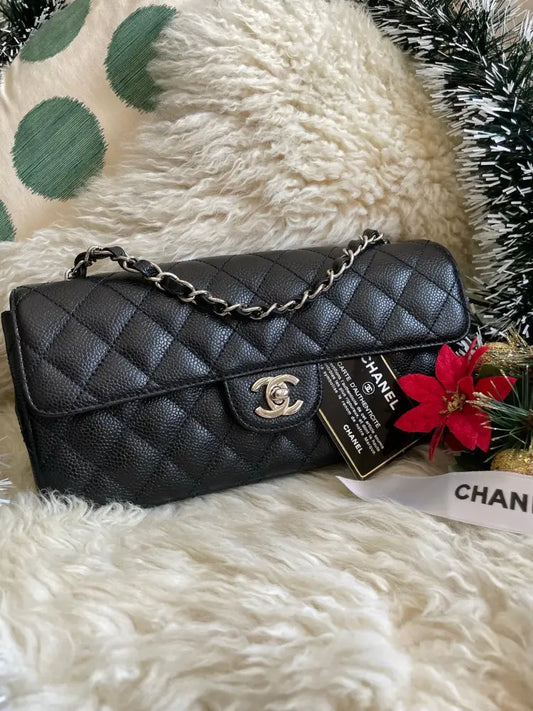 Chanel Black Caviar East West Flap Silver Hardware Full Set