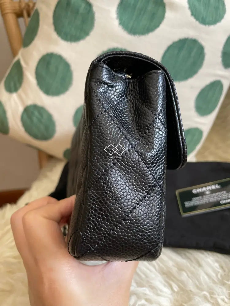 Chanel Black Caviar Quilted CC Pochette Bag SHW For Sale at
